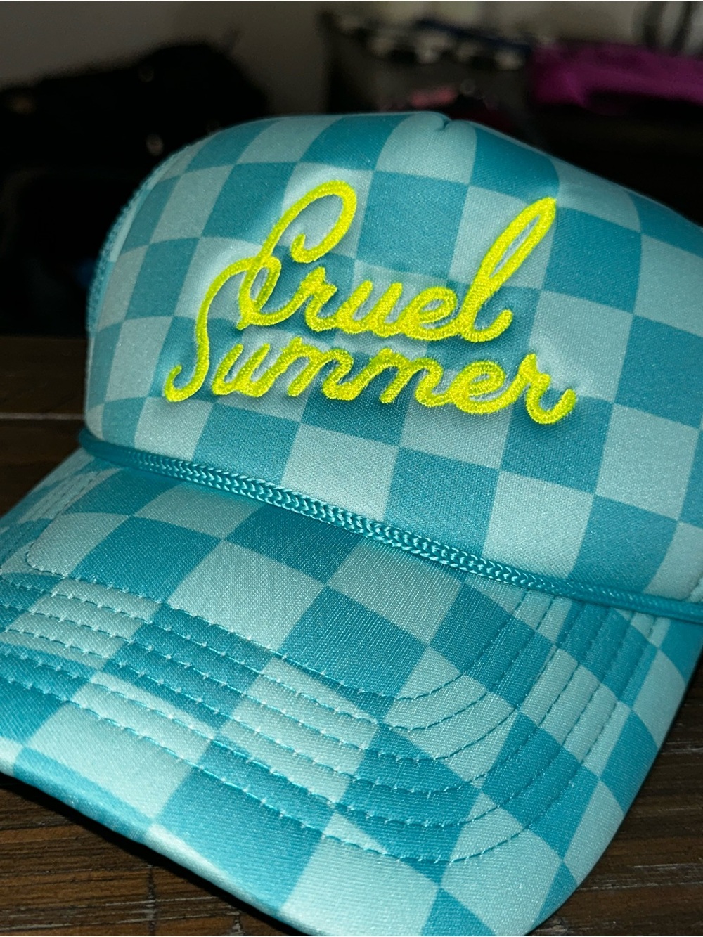 Women's Checkerboard Trucker Hat - Turquoise/Yellow